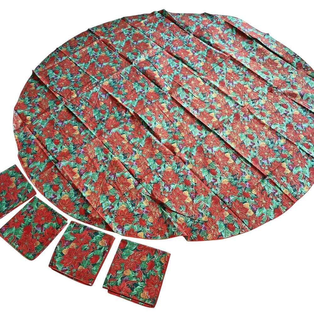 Vintage Christmas Holiday Tablecloth & 4 Matching Napkins Retro Festive Colorful